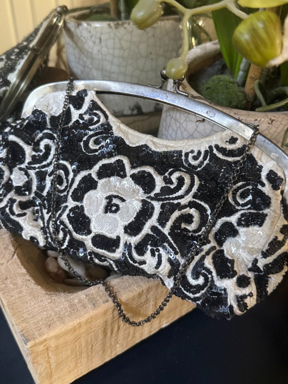Black & White Sequin and Embroidered Clutch